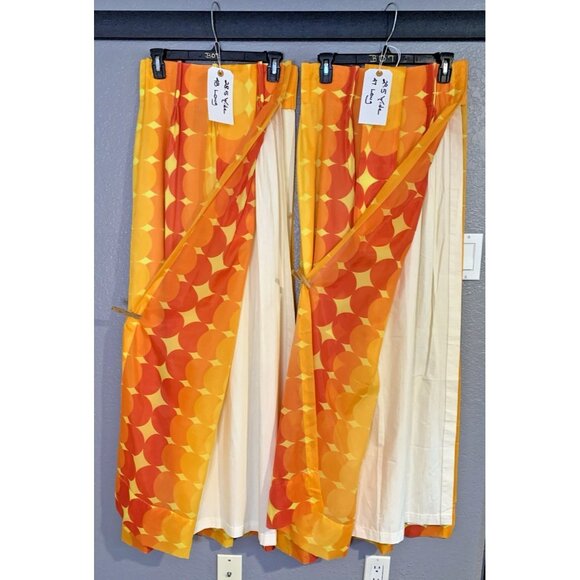 Vintage Curtain Panels Set Lined Handmade Psychedelic Orange Yellow Mod - Picture 3 of 8